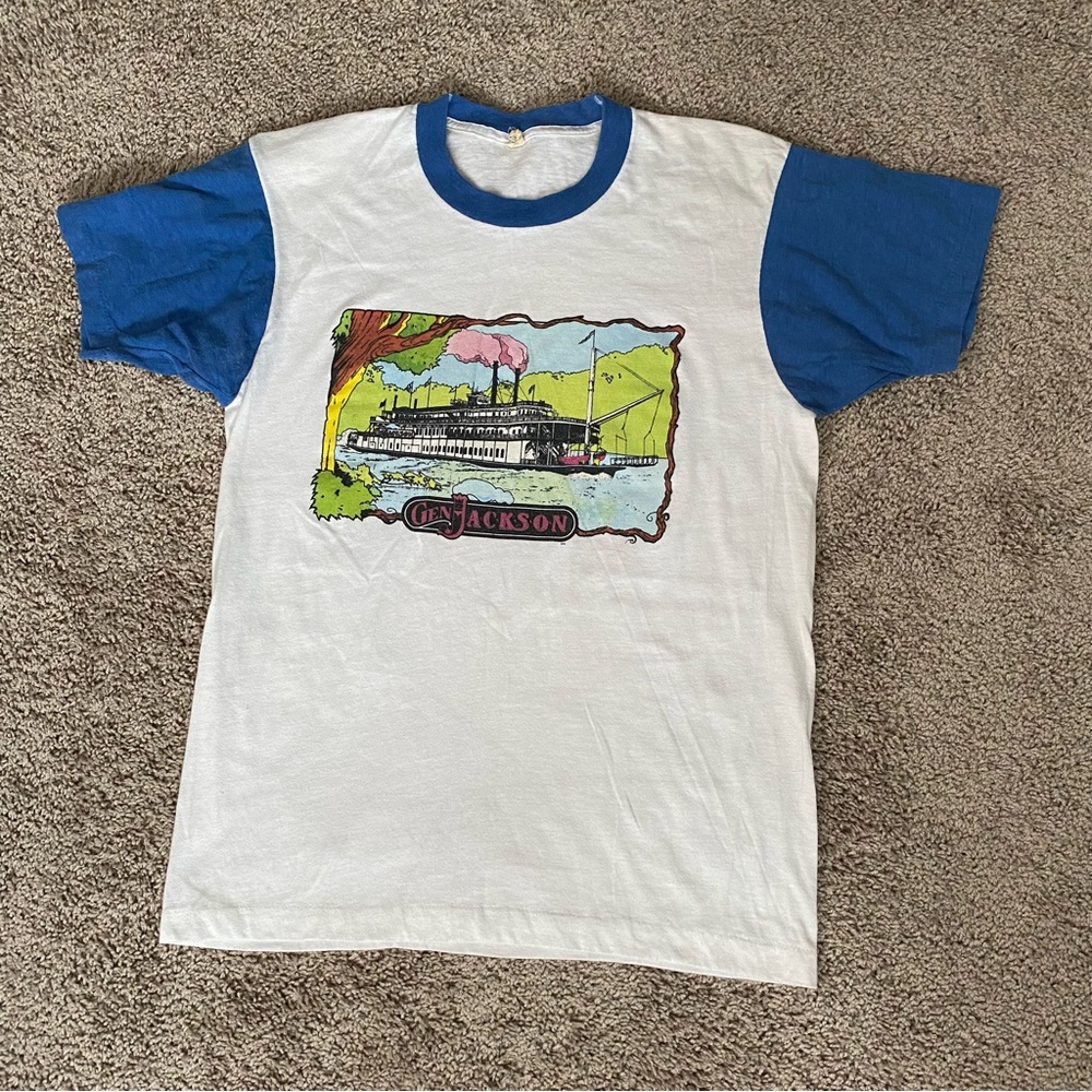 Rare Nashville General Jackson Showboat Blue and White Graphic T-Shirt